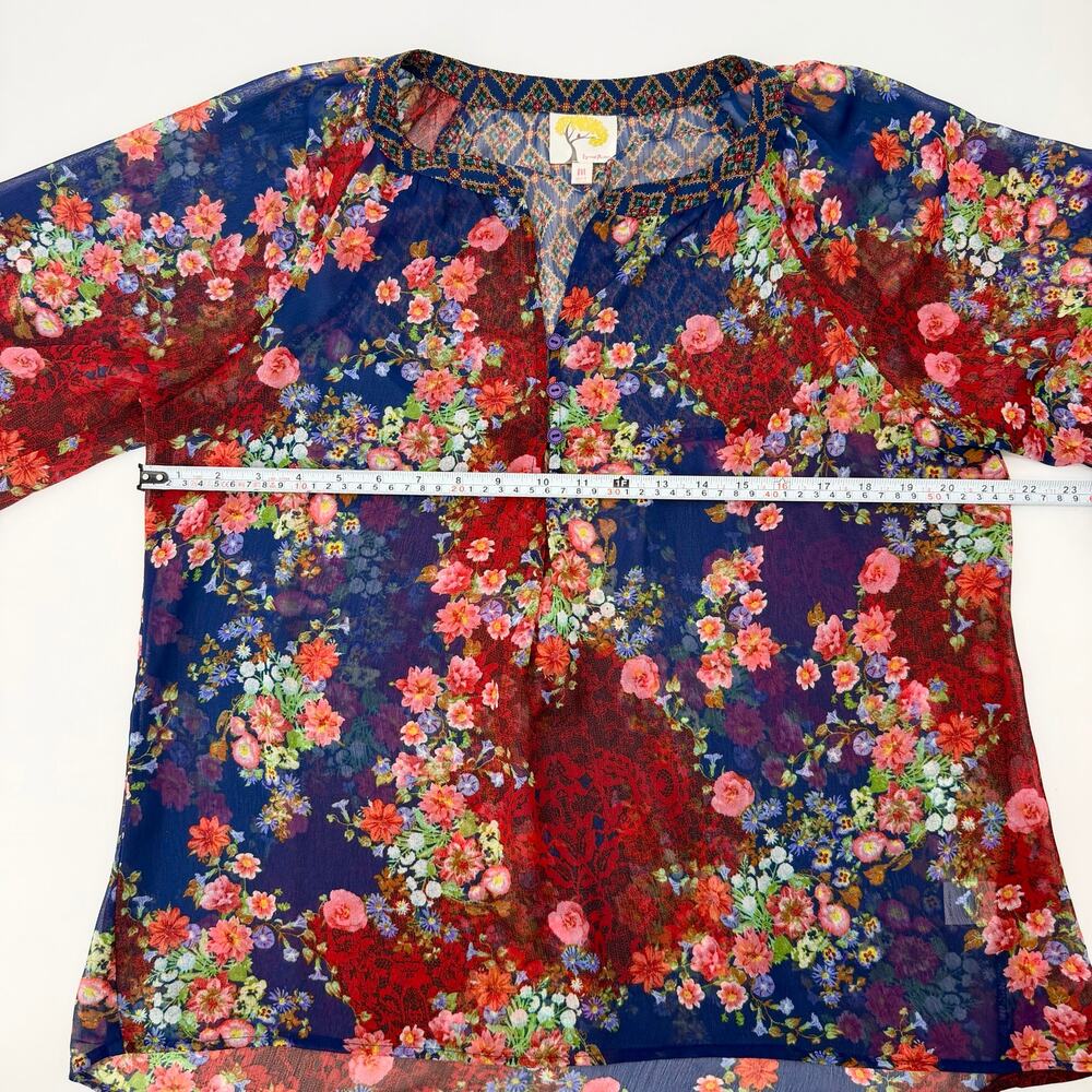 Anthropologie Fig & Flower Floral Sheer Boho Blouse Medium Blue Red Peasant Top - Picture 5 of 11